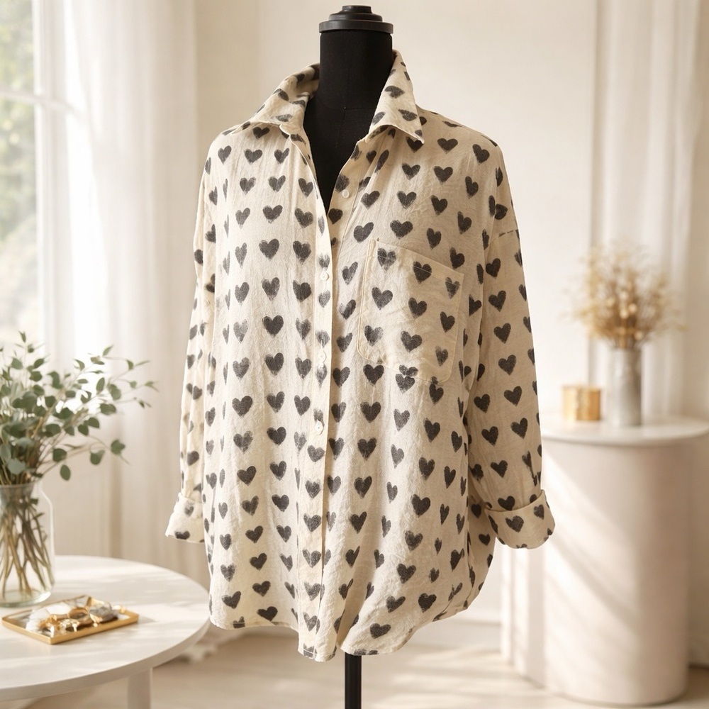 Heart Print Size small sheer oversized  women’s blouse  Ivory with black hearts